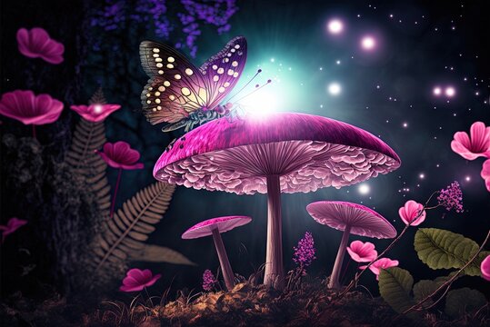 Enchanted fairy tale mushrooms and a butterfly. Generative AI