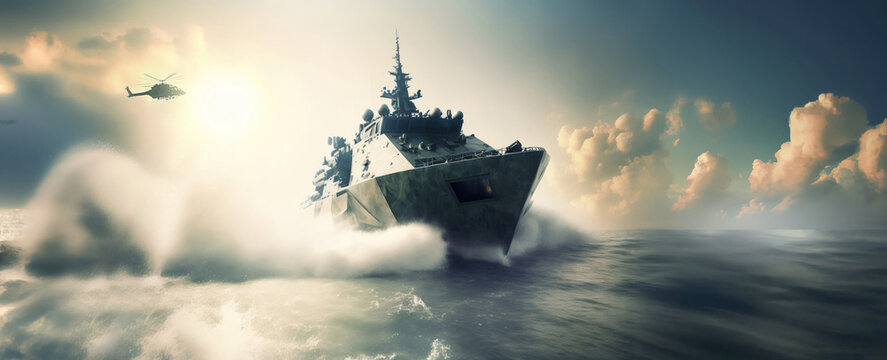 military special forces naval vessel destroyer sailing fast in the middle of the ocean with a chopper in the background, wide poster design with copy space area