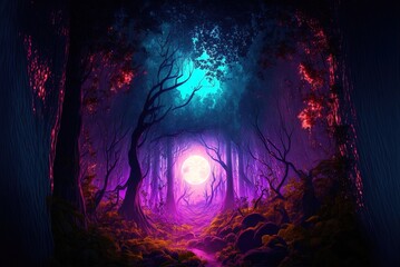 Fototapeta na wymiar Enchanted woods with a twist of fairy tale darkness, a glowing Generative AI