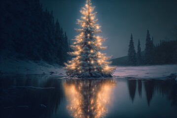 Fototapeta na wymiar Christmas Tree By the Lake Glows in the Magical Light Generative AI