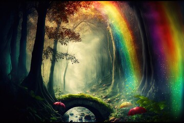 Fantasy wallpaper with a rainbow over a woodland straight out of a storybook Generative AI