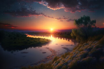 Fototapeta na wymiar Amazing dawn over the river. Generative AI