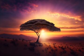 African sunset with a solitary tree on the horizon Generative AI