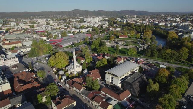 Aerial view of city Banja Luka in Bosnia and Herzegovina, city center, parks and residential houses, river Vrbas, old fortress
