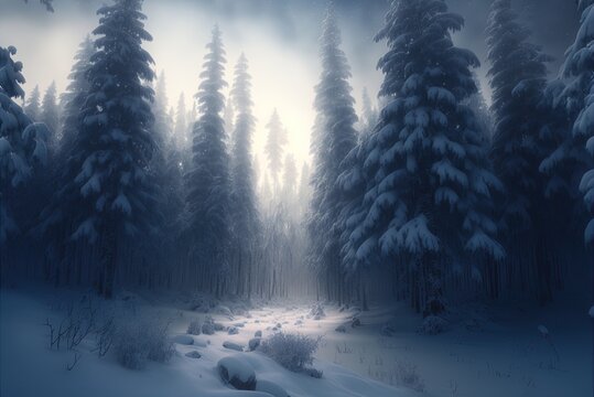 Enchanted woods, covered with snow and mist, in the dead of winter. Generative AI