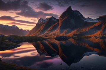 Norway's Lofoten Islands before dawn, with mountains in the background Generative AI - obrazy, fototapety, plakaty