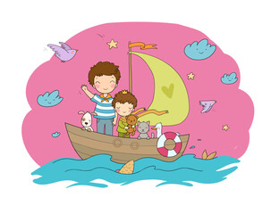 Two brothers are on a boat. Two little boys are playing sailors. Two friends and their toys. Cute cartoon kids and cat, dog and goose. The little prince. - 562237129