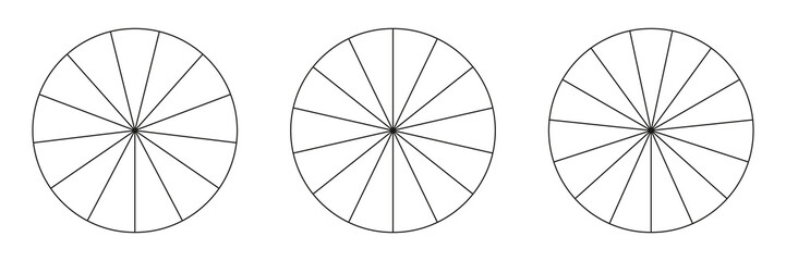 Segmented charts collection isolated on a white background. Many number of sectors divide the circle on equal parts. Outline black thin vector graphics. Set of pie charts.