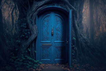 Rough blue door hidden in the woods. Generative AI - obrazy, fototapety, plakaty