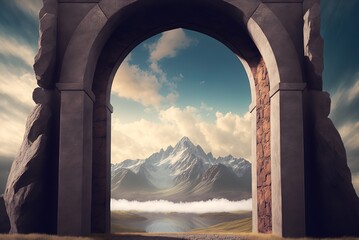 A quaint stone arch frames a breathtaking panorama of Generative AI