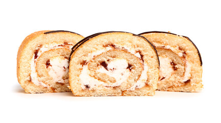 Pieces of tasty sponge cake roll isolated on white background