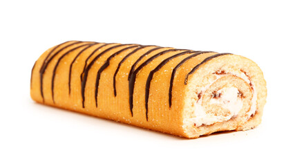 Delicious sponge cake roll on white background