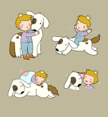 Cute cartoon boy and his dog. The little Prince. The kid is playing with the puppy. - 562237353