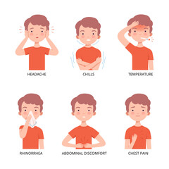 Cold and flu symptoms set. Boy suffering from headache, chills, temperature, rhinorrhea, abdominal discomfort, chest pain cartoon vector illustration