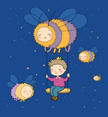 Cute cartoon boy on a swing. The Little Prince and the bees. Page for coloring book - 562237527