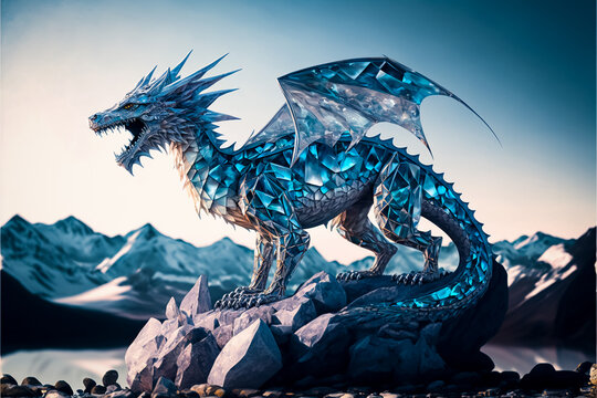 a big ice dragon on a snow mountain in winter