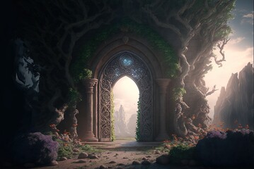 Stunning fantastical setting, with an arched entrance draped in Generative AI