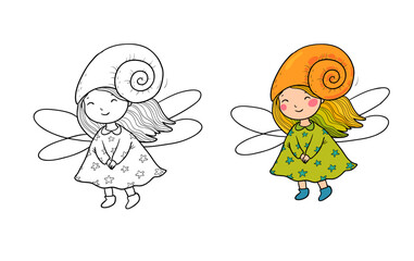 Little forest fairy. Cute funny girl with wings. Illustration for coloring books. Monochrome and colored versions. - 562237768