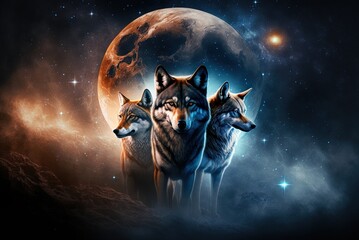 Wolf group in the backdrop with three wolves Generative AI