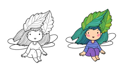 Little garden fairy leaf. Cute funny girl with wings. Illustration for coloring books. Monochrome and colored versions. - 562237962