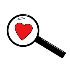 Simple flat black magnifying glass with red heart looking  for love