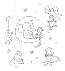 Cute cartoon boy rides on a swing. The child and his toys bear, tiger, fox. The little prince and his friends. Good night. Page for coloring book - 562238143