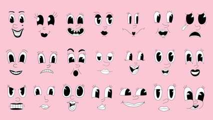 Cute 30s retro cartoons, female characters, funny faces. Elements of the eyes and mouth of the old animation of the 50s, 60s. Set of vintage comic smile woman. Emoticon cartoons with happy, angry