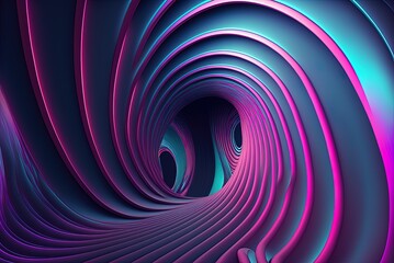 Curves of blue, pink, and purple form a tunnel through which abstract lines go. Generative AI