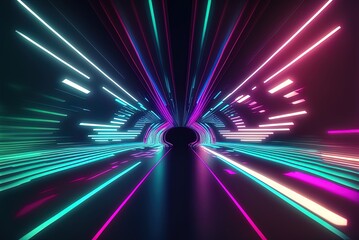 Blue, purple, and green striped abstract neon light tunnel. Generative AI