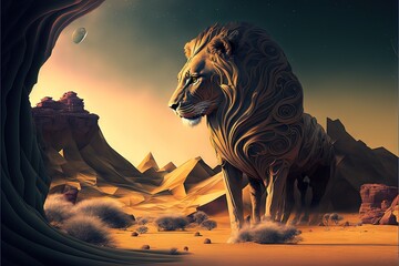 Obraz premium a lion standing in a desert with a moon in the background and a mountain range in the distance with a moon in the sky above it and a distant mountain range with a few clouds. generative ai