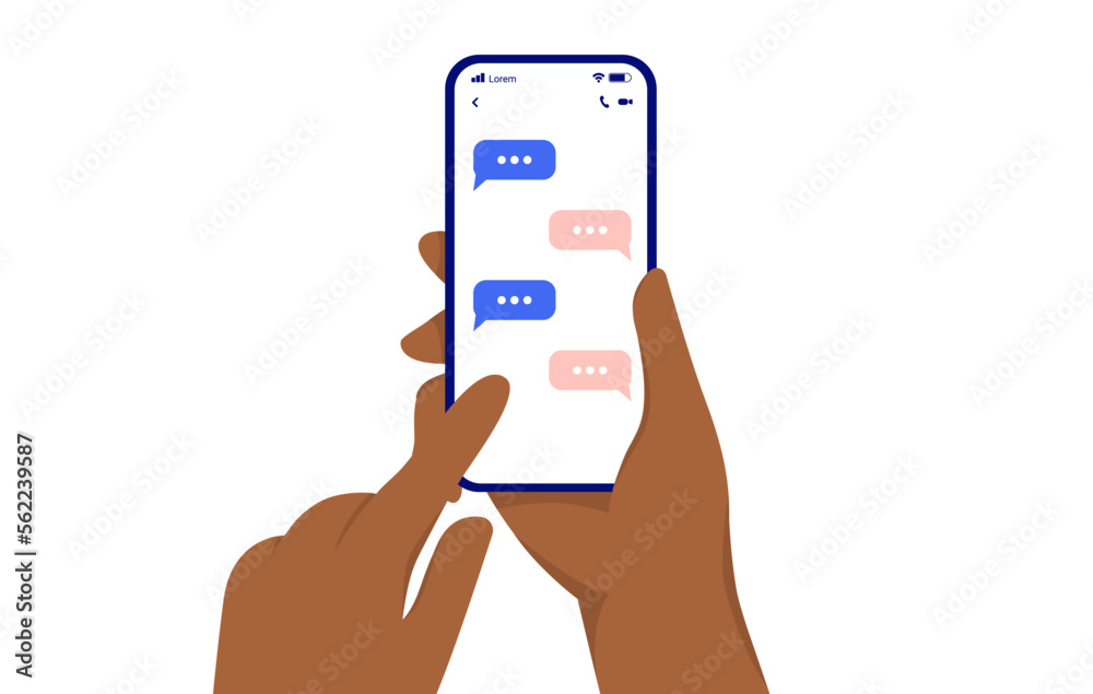 Aufkleber text messaging - ethnic hand with dark skin holding mobile phone and texting. flat design simple vec
