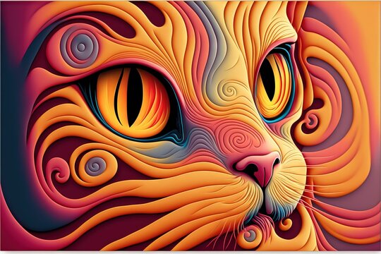  a colorful cat's face with a large, colorful eyeballed design on it's face and a pink background, with a yellow, orange, red, blue, and pink, and yellow, and orange, swirly, and red, swirly, swirly,. © Oleg