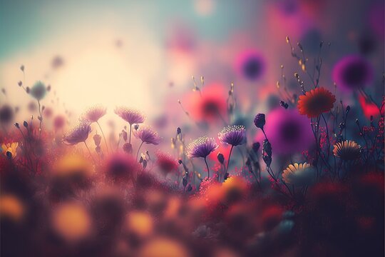 Fototapeta A field of colorful flowers with the sun in the background