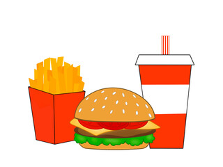 Fast food menu isolated on white background. Hamburger French Fries and Soda.