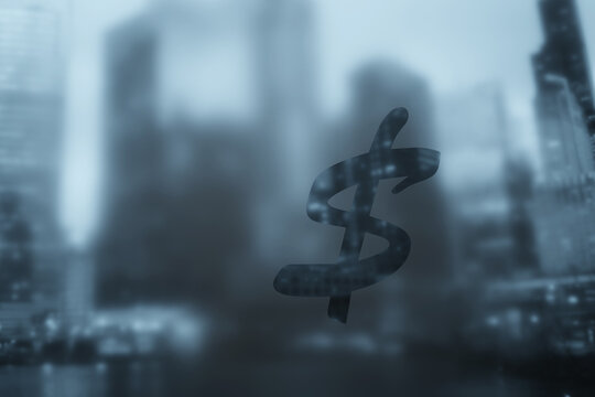 Dollar sign is written on a cloudy glass facing a commercial and business district. Illustration of the concept of commercial competition, financial world and money