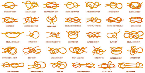 Yellow nautical rope knot, interweaving of ropes, tapes or other flexible linear materials. Twisted tape set of rope knots, hitches, bows, bends. Fastening any tackle or connection between two cables