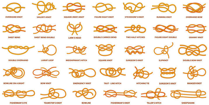 Yellow nautical rope knot, interweaving of ropes, tapes or other flexible linear materials. Twisted tape set of rope knots, hitches, bows, bends. Fastening any tackle or connection between two cables