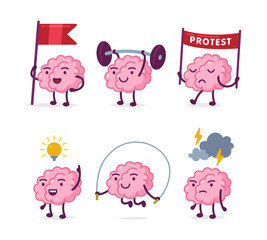 Cute funny brain characters set. Human brain nervous system organ protesting, lifting barbell, jumping with skipping rope cartoon vector illustration