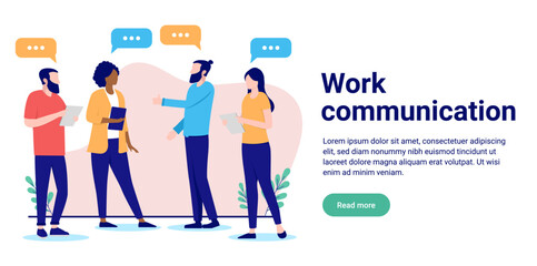 Work communication - Group of people talking and having a dialogue together standing up. Flat design vector illustration with white background and copy space for text