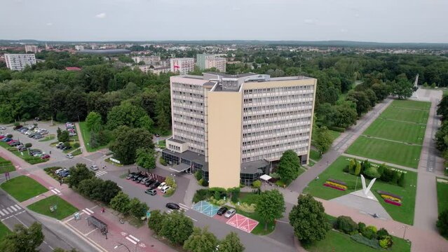  Tychy from a bird's eye view on a beautiful sunny day. The most popular places, buildings, architecture and objects in the city in the Silesian Voivodeship.