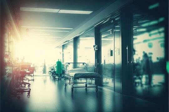  A Hospital Room With A Chair And A Lot Of Medical Equipment In It And A Person Walking By The Door In The Background With A Green Light Shining On The Wall Behind The Chair And.