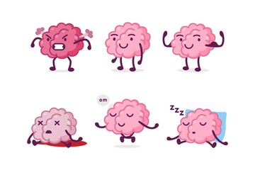 Cute funny brain characters set. Human brain nervous system organ in different situations cartoon vector illustration