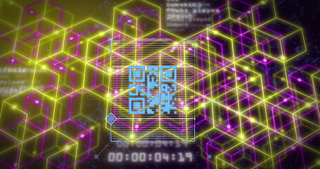 Composition of qr code over neon shapes and data processing on black background