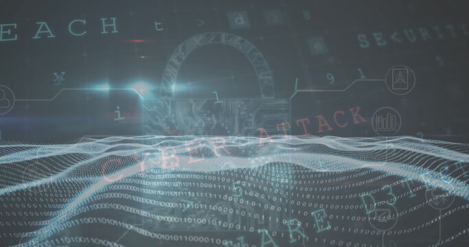 Composition Of Data Processing With Cyberattack Warning And Padlock Icon On Black Background