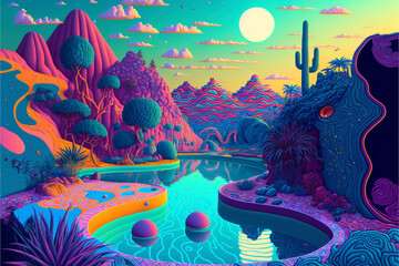 Trippy Swimming Pool in Desert Mountain Landscape, Colorful LSD Psychedelic Acid Generative AI