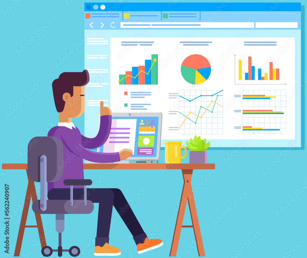 Poster man works with statistics, business accounting, auditing using laptop. presentation with data analys