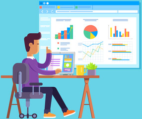 Man works with statistics, business accounting, auditing using laptop. Presentation with data analysis bar chart. Statistical analytics with digital technology. Businessman analyses indicators