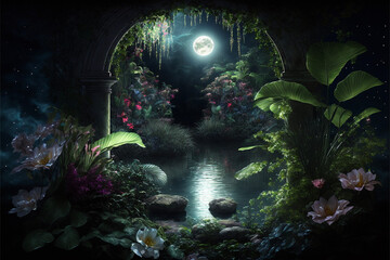 Obraz na płótnie Canvas Lush Secret Garden at Night with Full Moon Reflecting in Water Generative AI