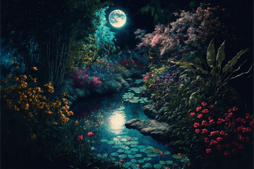 Lush Secret Garden at Night with Full Moon Reflecting in Water Generative AI	