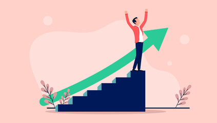 Career climb - Person on top of staircase celebrating reaching the top in business and having success with green arrow pointing up in background. Flat design vector illustration